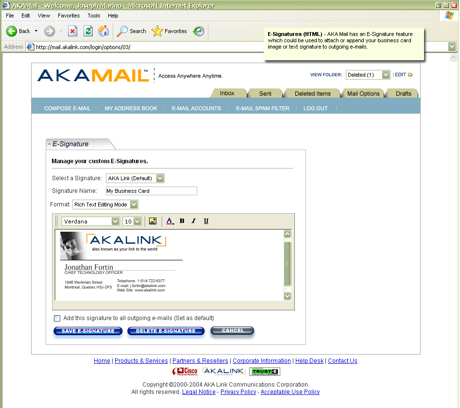 A screenshot showing an e-mail being signed in AKA Mail webmail with an html signature