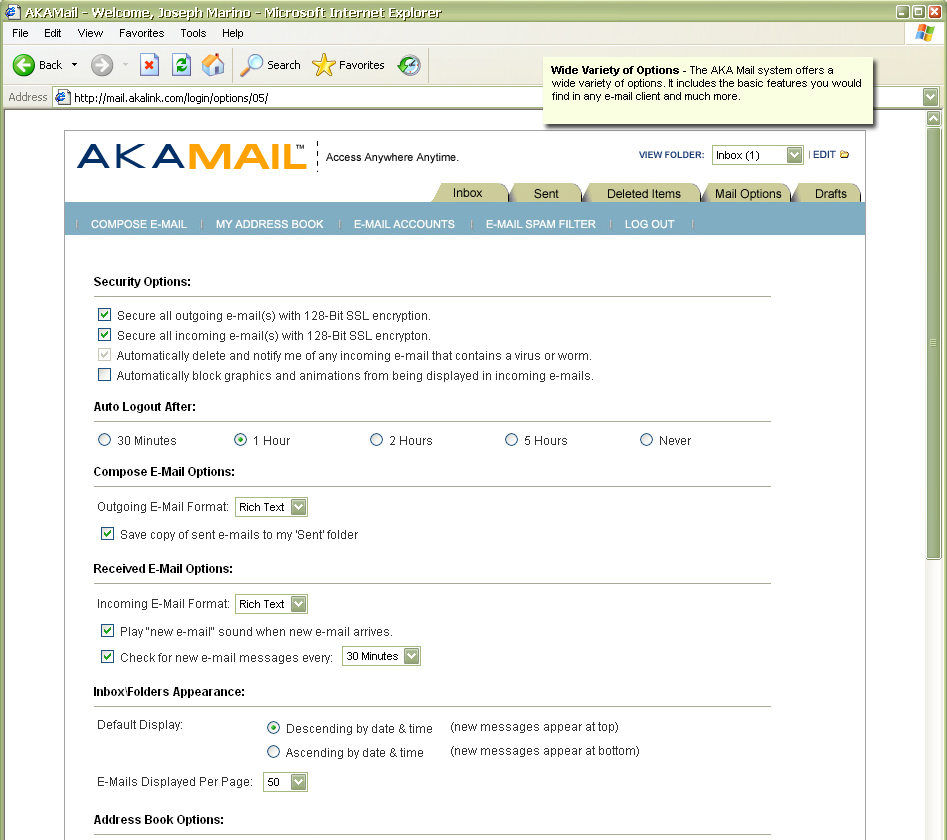 General preferences for AKA Mail webmail